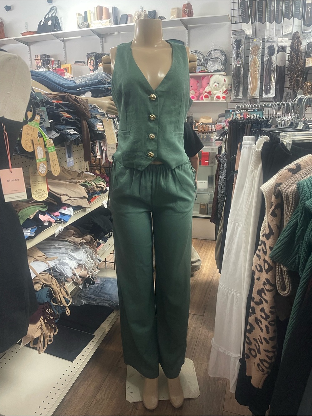 Sleeveless Deep Green Button-Front Jumpsuit